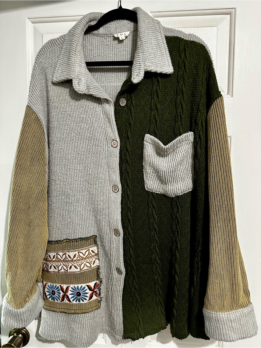 POL Two-Tone Olive Green, Light Gray & Tan Knit Cardigan